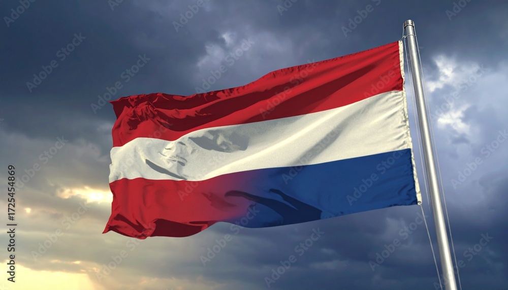 Naklejka premium Dutch Flag Waving Proudly Against a Dramatic Sky Symbol of the Netherlands