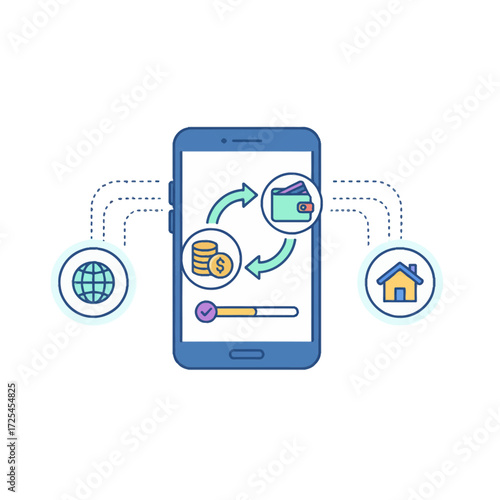 Flat design mobile payment graphic. Clean, modern vector showing coins and a wallet on a smartphone screen. Use for articles on cashless transactions and digital economy.