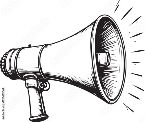 Vintage Megaphone Announcement: A detailed and artistic representation of a classic megaphone, delivering a visual announcement with radiating lines conveying sound projection.