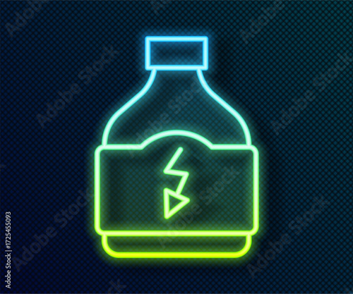 Glowing neon line Sports nutrition bodybuilding proteine power drink and food icon isolated on black background. Vector