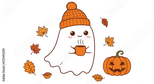 Adorable cartoon ghost wearing an orange beanie holding a steaming cup of coffee amidst falling autumn leaves and a jackolantern.