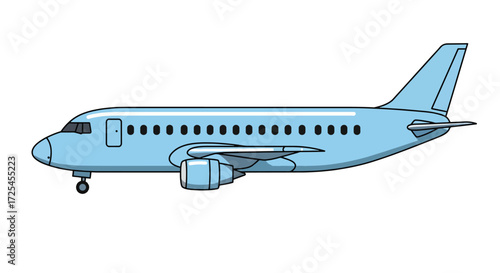 A light blue passenger jet airplane with visible windows and engines.