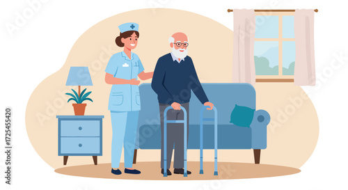 Caring Nurse Assists Elderly Man with Walker in Cozy Room.