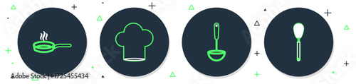 Set line Chef hat, Kitchen ladle, Frying pan and whisk icon. Vector