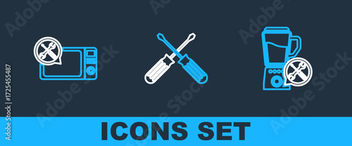 Set line Blender service, Microwave oven and Crossed screwdrivers icon. Vector