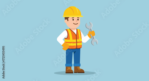 Cartoon construction worker wearing a hard hat and safety vest holding tools.