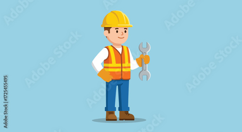 Cartoon construction worker with wrench and safety vest.