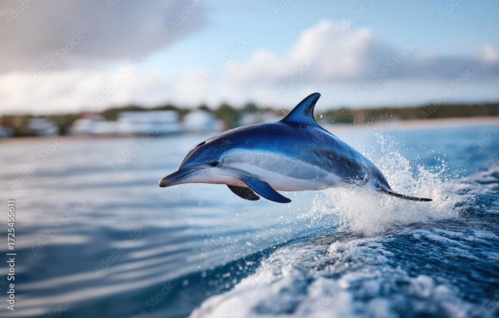 Fototapeta premium Bottlenose dolphin leaps joyfully above serene ocean surface at twilight