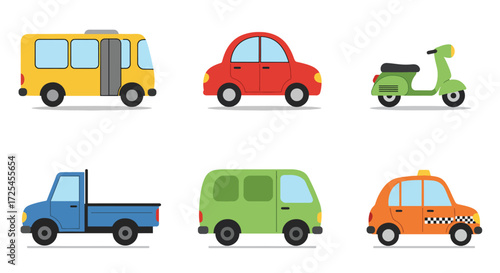 Collection of Six Colorful Cartoon Vehicles for Transportation and Travel.