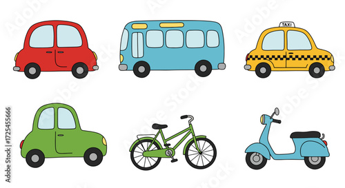 Collection of six colorful cartoon vehicles including cars bus taxi bicycle and scooter.