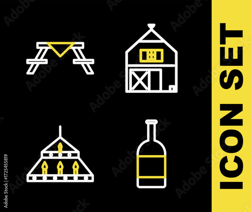 Set line Farm House, Beer bottle, Massive steel chandelier and Picnic table with benches icon. Vector
