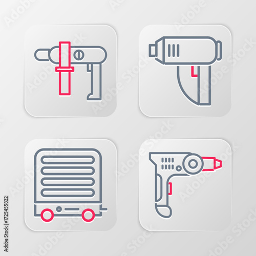 Set line Electric drill machine, heater, industrial dryer and icon. Vector