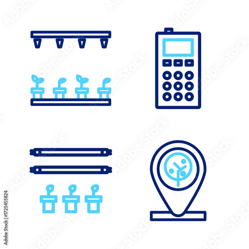 Set line Location and tree, Smart farm with bulb plant, Remote control and Automatic irrigation sprinklers icon. Vector