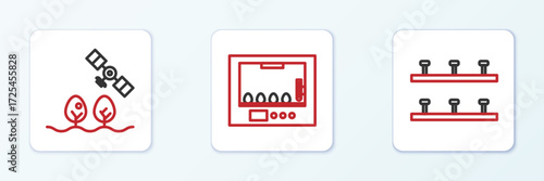 Set line Automatic irrigation sprinklers, Smart farm with drone and Incubator for eggs icon. Vector