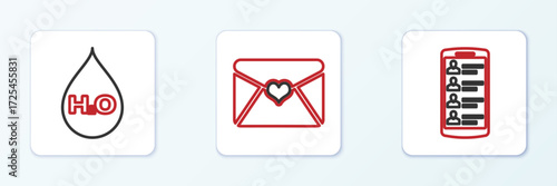 Set line Smartphone with contacts, Water drop H2O and Envelope Valentine heart icon. Vector
