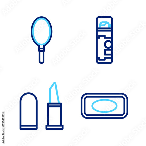 Set line Bar of soap, Lipstick, Shaving gel foam and Hand mirror icon. Vector