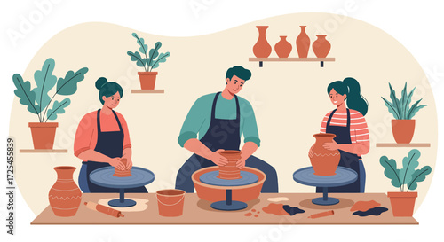 Diverse group of people actively engaged in pottery making class.