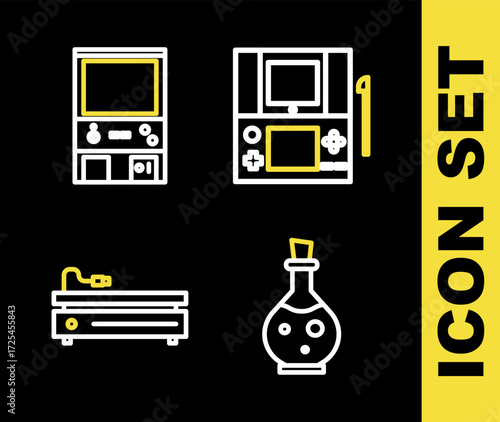 Set line Portable video game console, Bottle with magic elixir, Video and Retro arcade machine icon. Vector