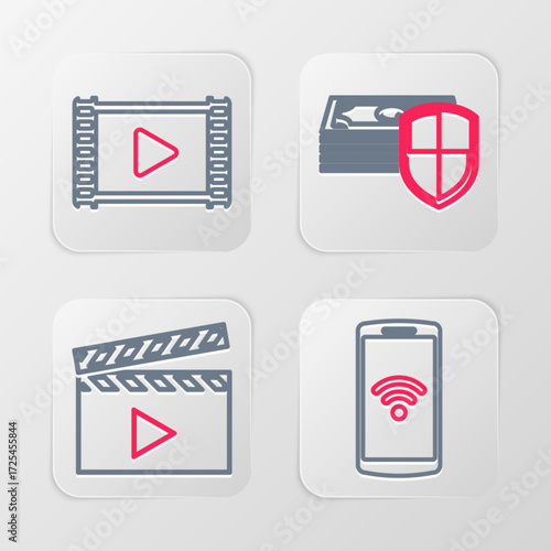 Set line Earth globe, Film reel, Power bank and Movie clapper icon. Vector