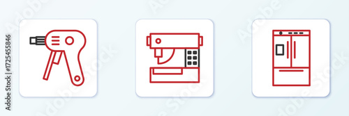 Set line Refrigerator, Electric hot glue gun and Sewing machine icon. Vector