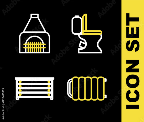 Set line Toilet bowl, Heating radiator, Chest of drawers and Interior fireplace icon. Vector