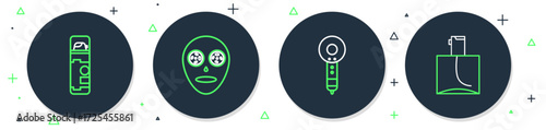 Set line Facial cosmetic mask, Hair dryer, Shaving gel foam and Perfume icon. Vector