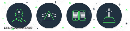 Set line Masons, The commandments, Man with third eye and Tombstone cross icon. Vector