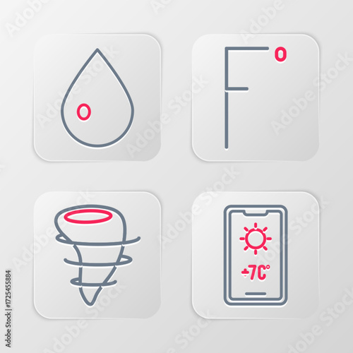 Set line Weather forecast, Tornado, Fahrenheit and Water drop icon. Vector