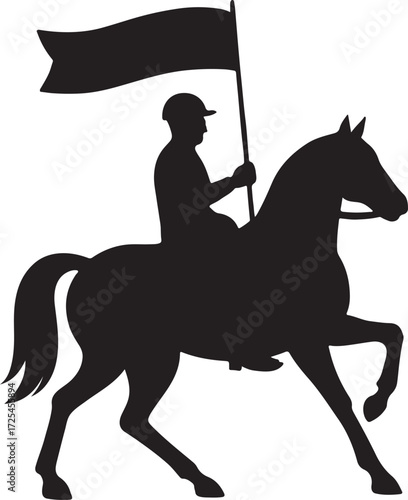 Silhouette vector of horse with rider carrying flag, dynamic patriotic equestrian design.