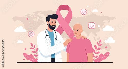 Doctor comforting patient with pink ribbon symbol of breast cancer awareness.