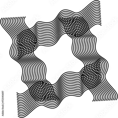 Black flowing lines ripple in hypnotic symmetry, weaving around four corners, forming rhythmic waves that merge geometry, movement, balance, and infinite continuity.