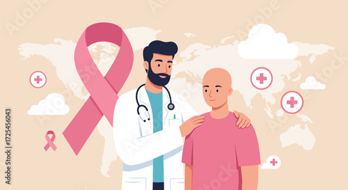 Doctor comforting patient with pink ribbon symbolizing breast cancer awareness and support.
