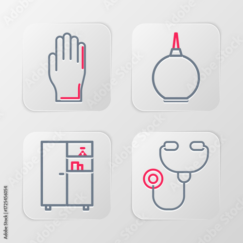 Set line Stethoscope, Medicine cabinet, Enema and Medical rubber gloves icon. Vector