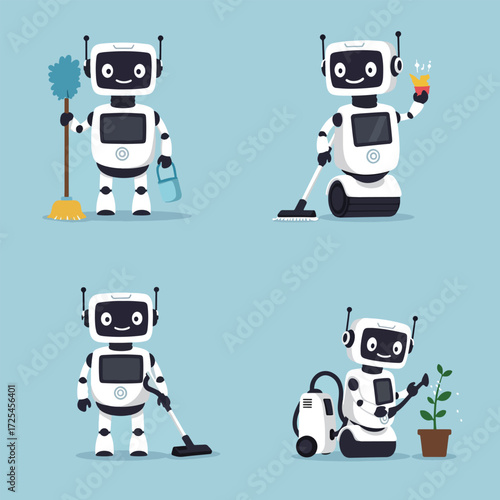 Four Cute Robots Engaged in Various Cleaning and Gardening Tasks.
