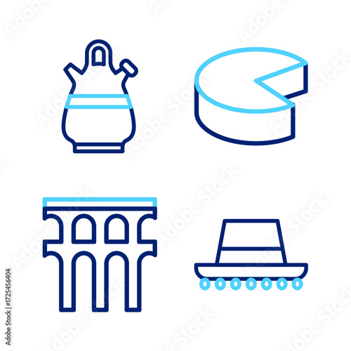 Set line Spanish hat, Aqueduct of Segovia, Cheese and Sangria pitcher icon. Vector