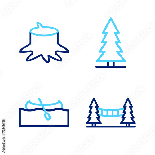 Set line Capilano Suspension Bridge, Kayak or canoe, Canadian spruce and Tree stump icon. Vector
