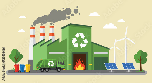 Green Recycling Facility with Renewable Energy Sources and Waste Management Truck.