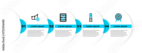 Set line Target, Lighthouse, Abacus and Pie chart and dollar icon. Vector