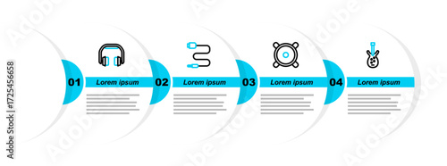 Set line Electric bass guitar, Stereo speaker, Audio jack and Headphones icon. Vector