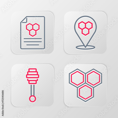 Set line Honeycomb, dipper stick, bee location and icon. Vector