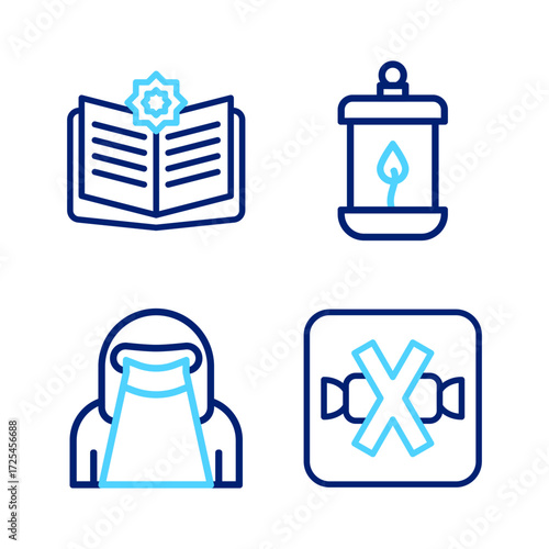 Set line No sweets, Muslim woman in niqab, Ramadan Kareem lantern and Holy book of Koran icon. Vector