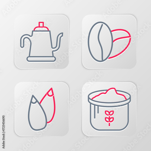 Set line Bag of flour, Seed, Coffee beans and Watering can icon. Vector