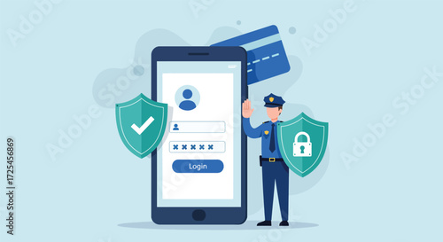 Mobile phone security with police officer and credit card.