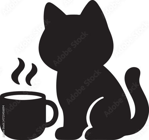 Silhouette vector of cat sitting beside steaming coffee cup, cozy cute morning design.