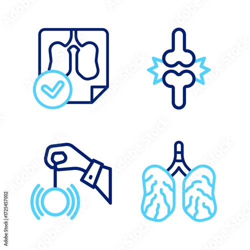 Set line Disease lungs, Hypnosis, Joint pain, knee pain and Lungs x-ray diagnostics icon. Vector