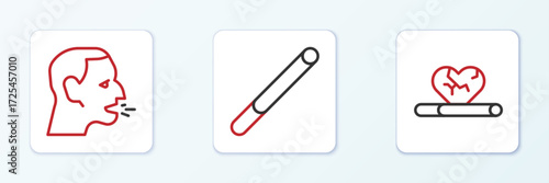 Set line Heart disease with smoking, Man coughing and Cigarette icon. Vector