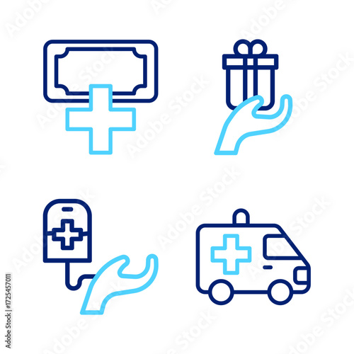 Set line Ambulance car, Blood donation, Give gift and Donation and charity icon. Vector