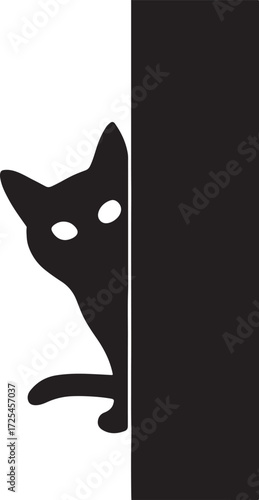 Silhouette vector of cat staring from behind object, mysterious feline peeking design.