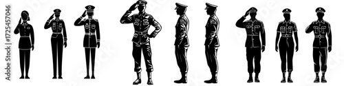A silhouette of men saluting in a military manner is visible, with another silhouette showing a soldier saluting, and a young man also performing the salute, set against a modern white background