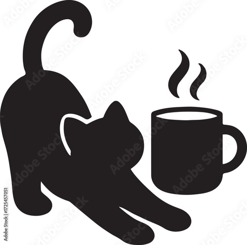 Silhouette vector of cat stretching with cup of coffee nearby, cozy morning scene design.